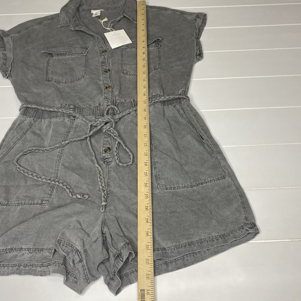 Nicole Miller New York Romper Sz L Linen Lyocell Blend Braided Belt Button Front - Picture 10 of 14